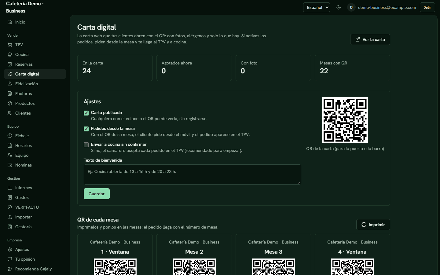 Carta digital con los QR de cada mesa