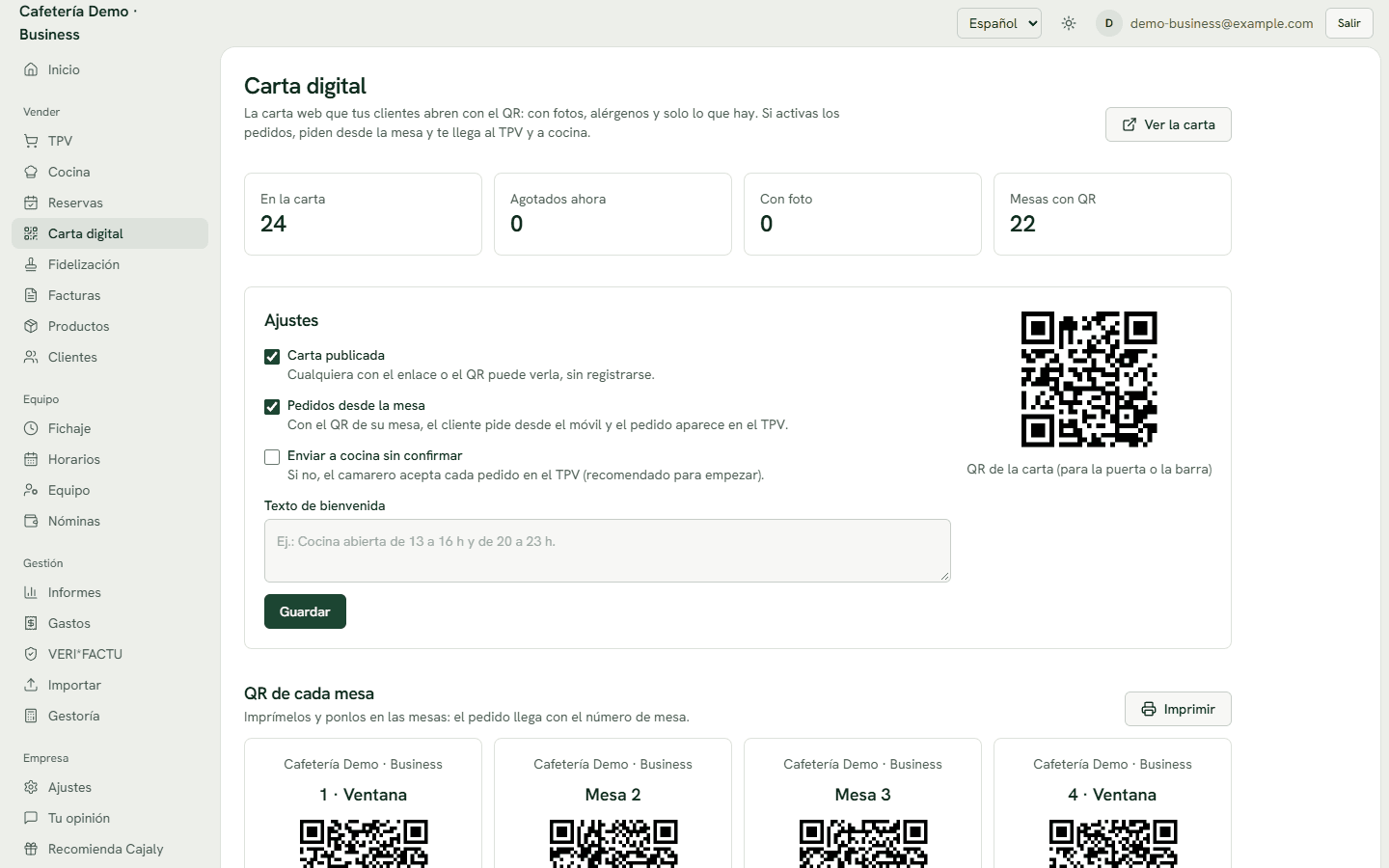 Carta digital con los QR de cada mesa